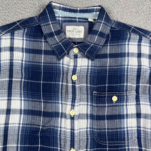 True Grit Short Sleeve Flannel Shirt Mens Large Blue White Western Button Down - Picture 7 of 7